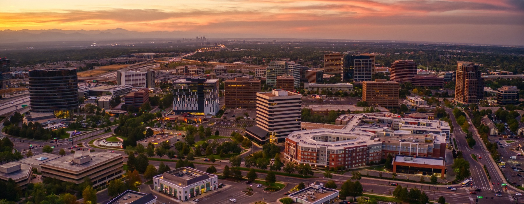 Denver Tech Center with sunset view