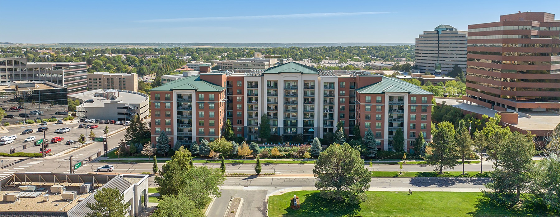 an aerial shot of a large building